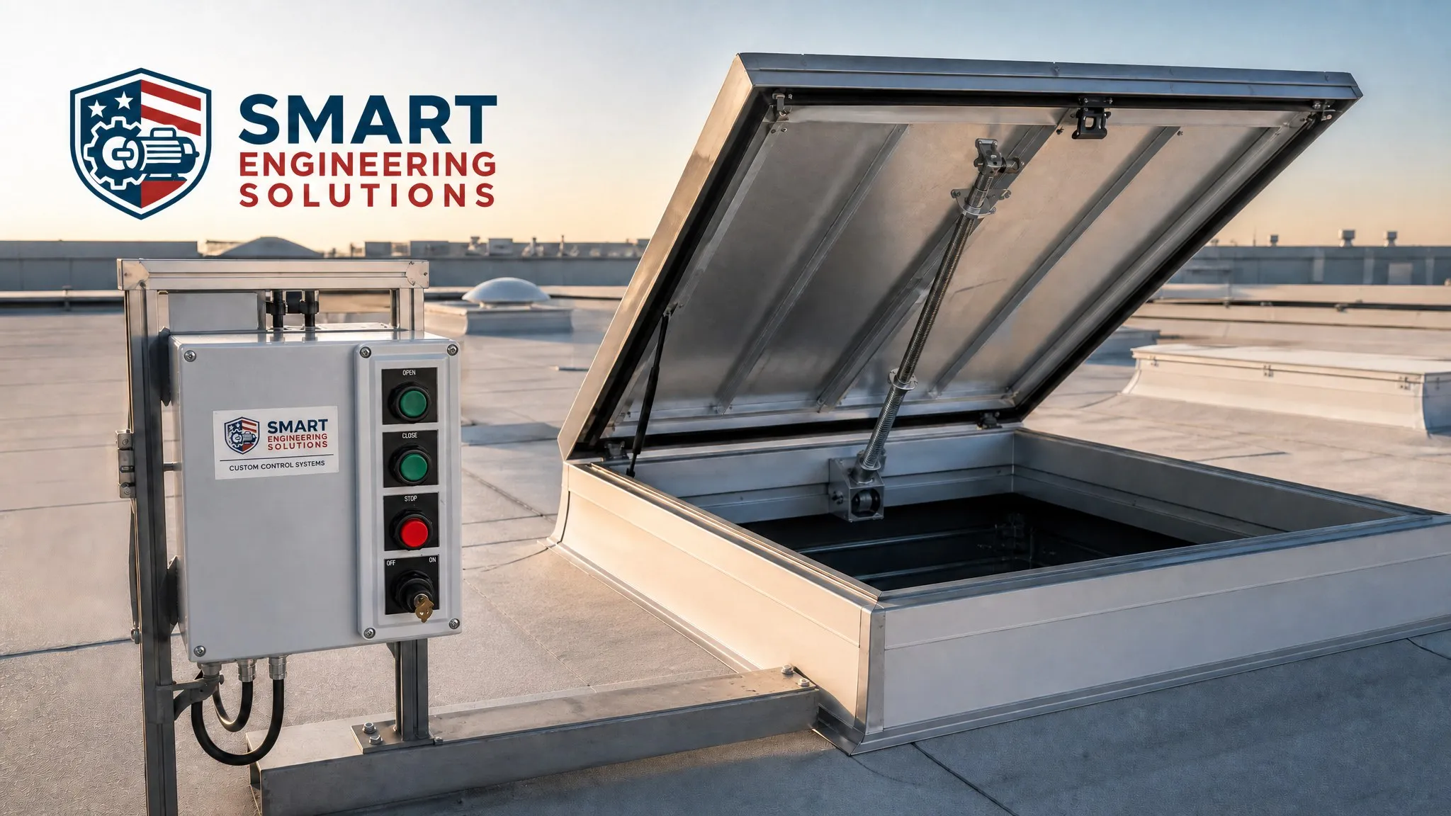 Illustration of an SES control panel beside an open rooftop hatch